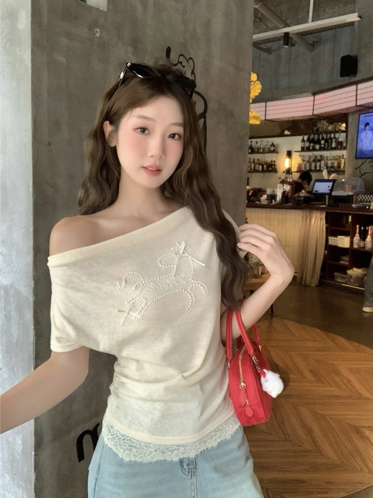 

Pure Desire Style Short Sleeve T-Shirt Women's Summer New Lace Trim Waist Cinching Slimming Shoulder Baring Top Sweet Style