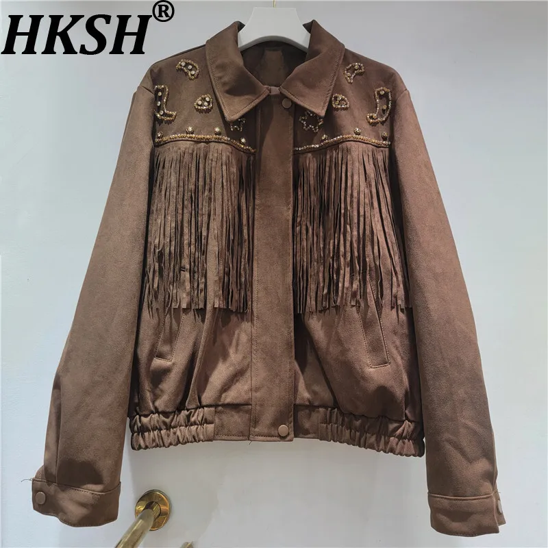 

HKSH весна осень новая женская куртка из искусственной замши с кисточками из бисера и карманами с отложным воротником на молнии Роскошная уличная одежда шикарное пальто HK13587