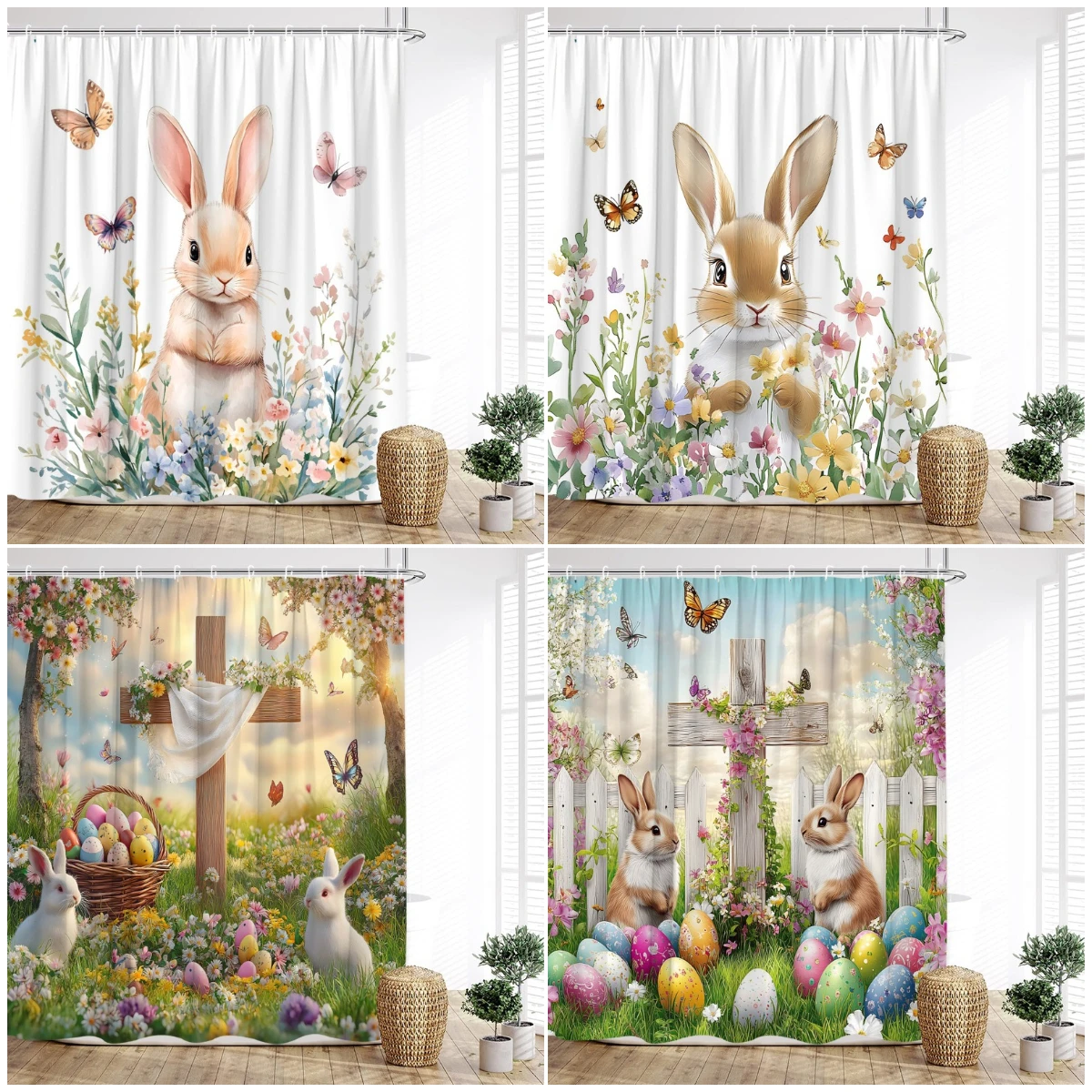 Funny Easter Shower Curtains Cute Bunny Rustic Butterfly Floral Rabbit Eggs Fabric Home Bathroom Curtain Decorative With Hooks