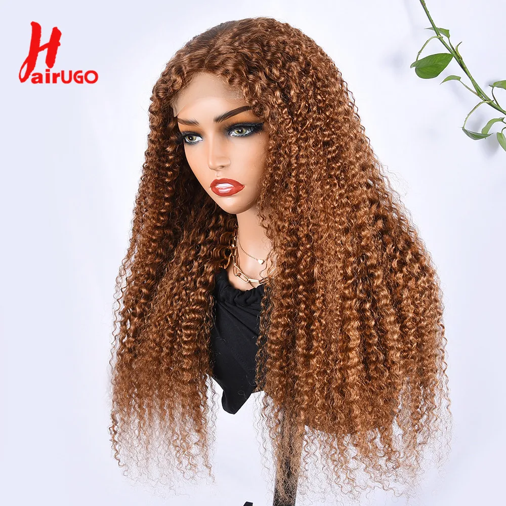 

#30 Kinky Curly Wigs Brown 4x4 Lace Closure Wig T Lace Front Human Hair Wigs With Baby Hair Remy Preplucked HairUGo 180% Density