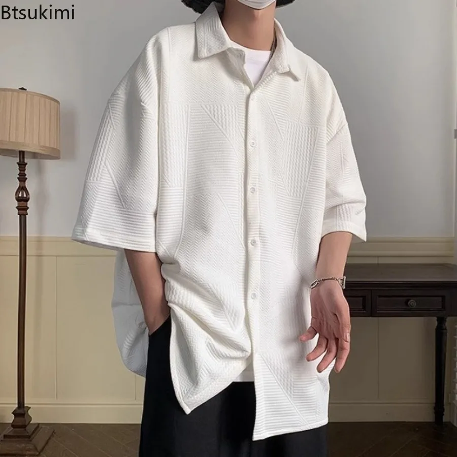 2025 Summer Short-sleeved Hong Kong Style Lapel Shirt Men's Leisure Jacket Trendy Loose New Versatile Jacquard Shirt Male Coat