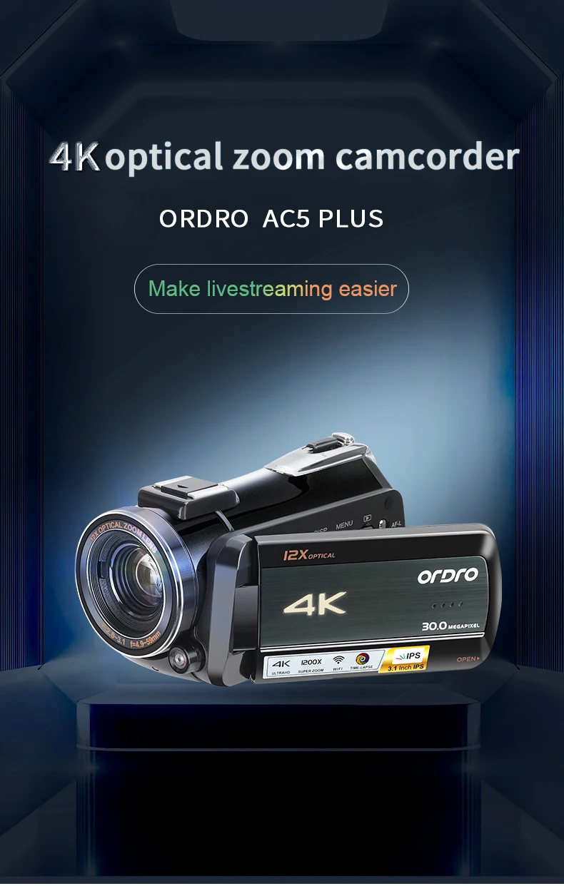 Live Streaming Camcorder 4K 12X Optical Zoom Vlog Camera Digital for YouTube Facebook Videos Recording Ordro 2024 New Release