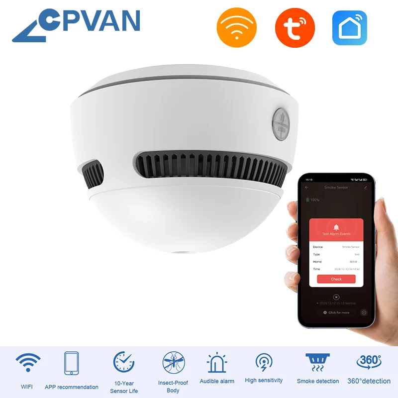 CPVAN Tuya WiFi Detector de fumaça Alarme de proteção contra incêndio Detector de fumaça Sistema de segurança doméstica Sensor de alarme de incêndio inteligente