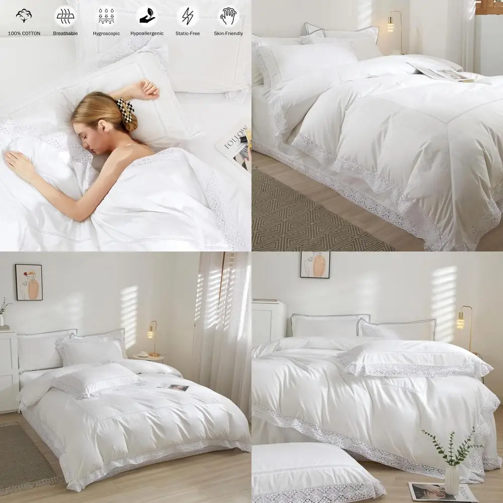 

Queen Size 100% Cotton Eyelet Duvet Cover Set, 3-Piece Farmhouse Vintage French Style, Romantic Comfort Bedding, 90x90