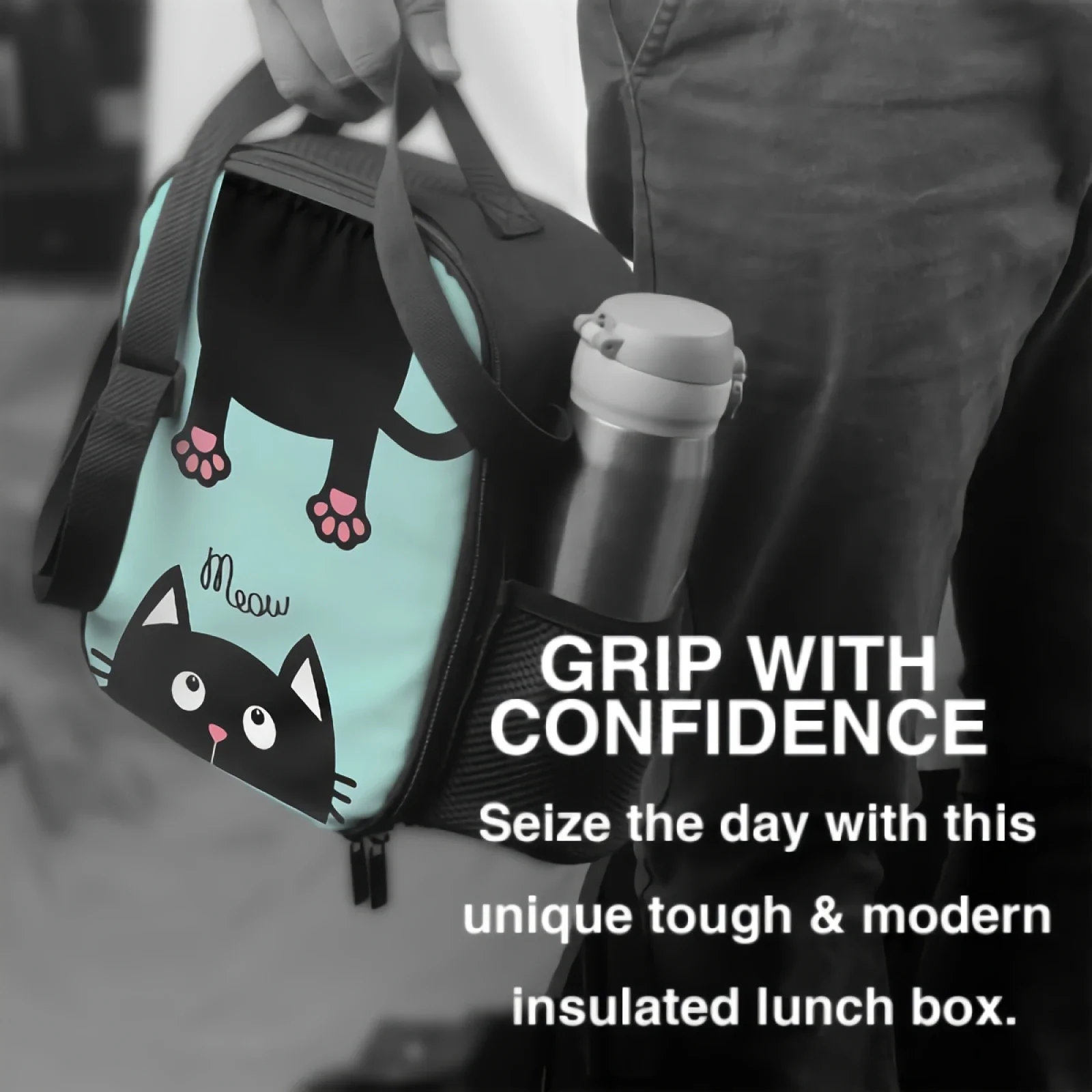 Bolsa de almuerzo aislada con aspecto de gato negro para el trabajo escolar, Picnic, cara divertida, silueta de cabeza, Tote, contenedores, bolsa