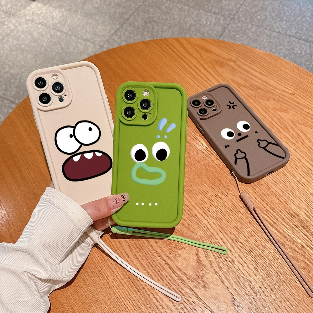 Cartoon Three Teeth Expression Phone Case for IPhone 15 14 13 12 11 Pro Max Mini XR XS X 7 8 Plus Soft TPU Cover With Hand Strap