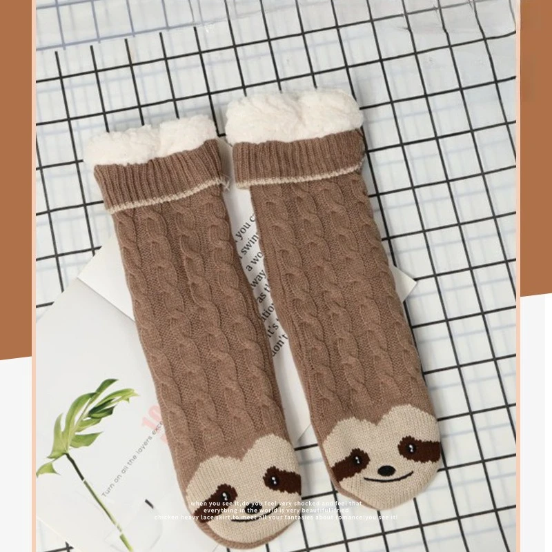 Women's Thickened Fleece-Lined Socks for Autumn & Winter - Cute Sloth Mid-Calf Knitted Socks Non-Slip Floor Socks for Sleeping