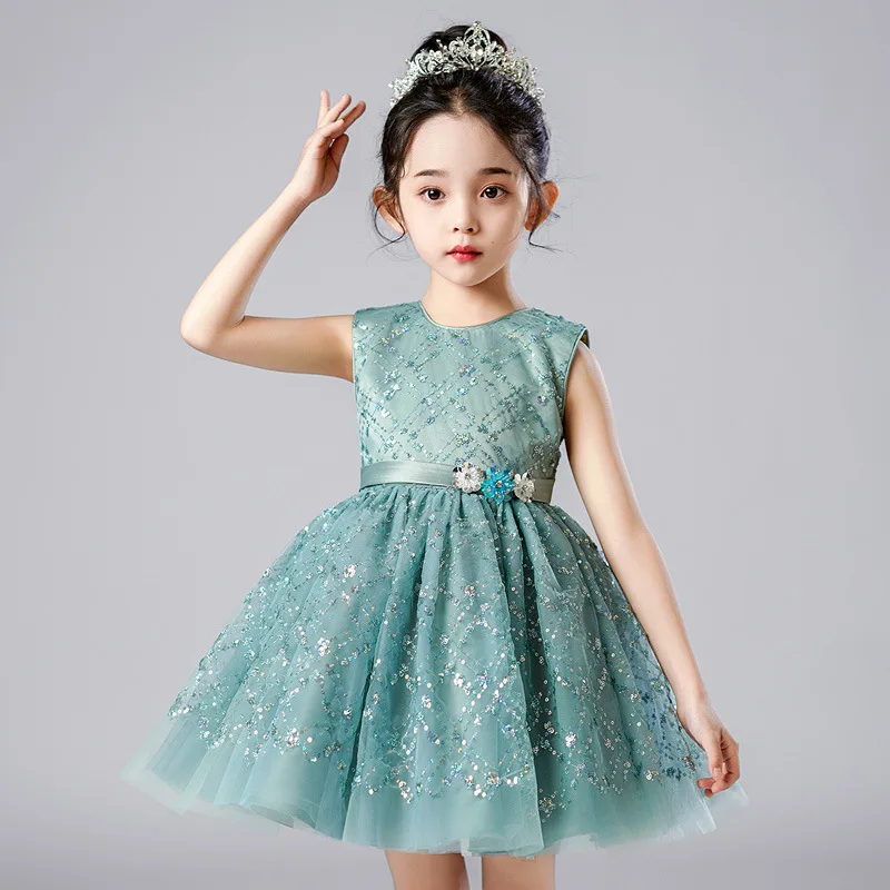 3 4 To 7 8 10 Years Little Girl Clothes Summer Princess Dresses Glowing Luxury Party Holiday Children\'s Green Sleeveless Dress