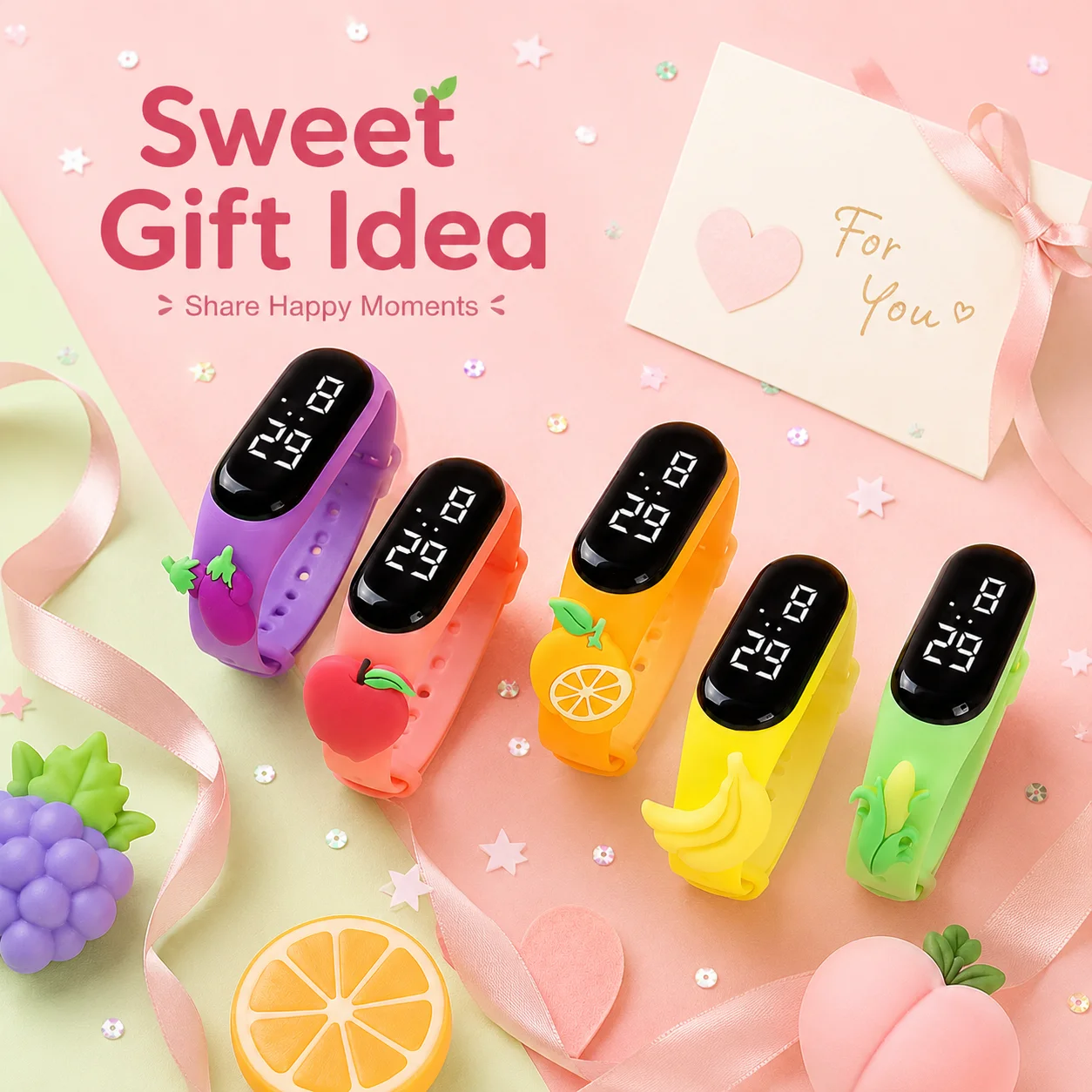 Pack of 10 Kids LED Digital Watches with 3D Fruit Dessert Design Adjustable Color Strap Fun Daily Gift Watch for Boys