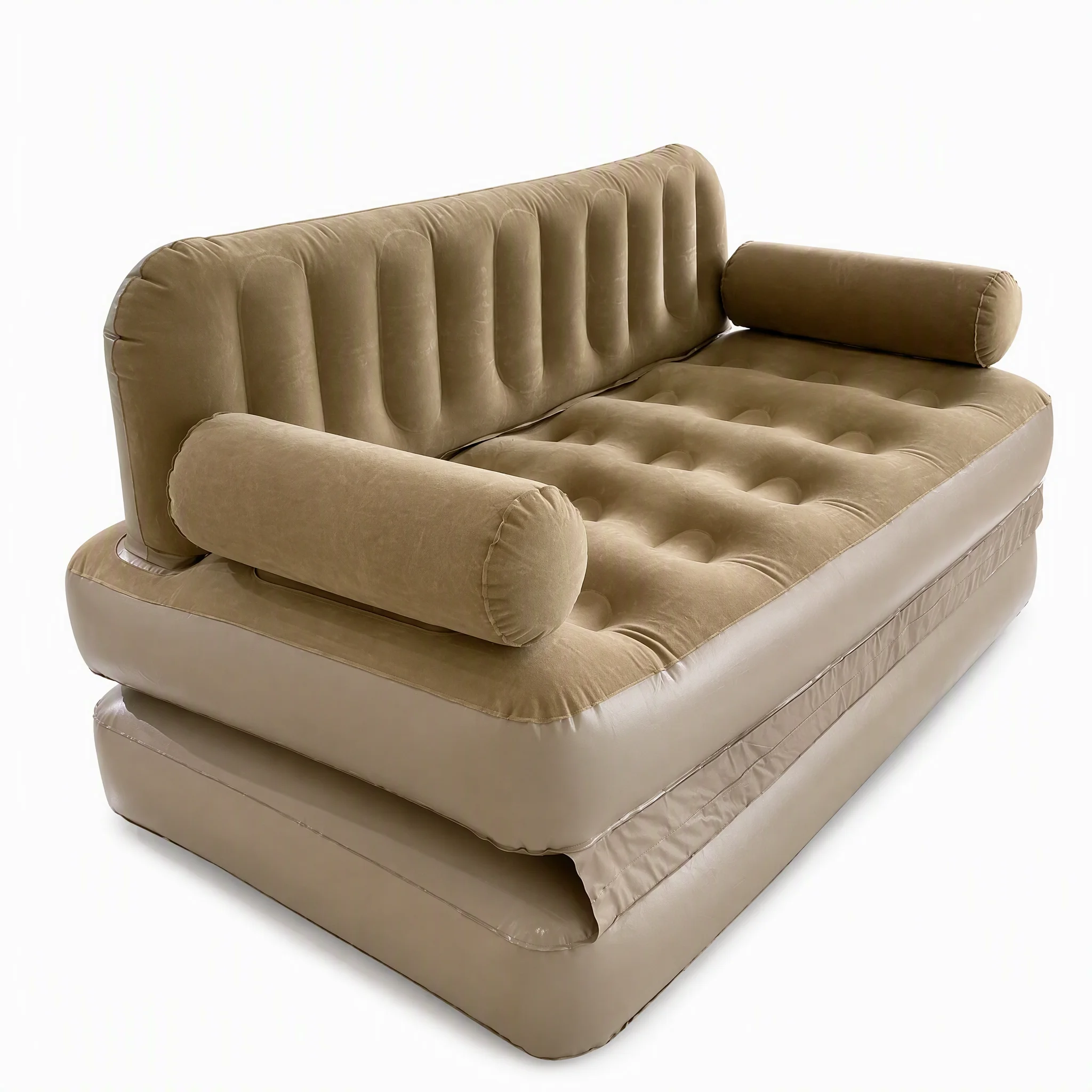 Outdoor Use Inflatable Khaki Flocked PVC Thick Durable Waterproof Tufted Bolster Foldable Electric Pump Compressed Sofa