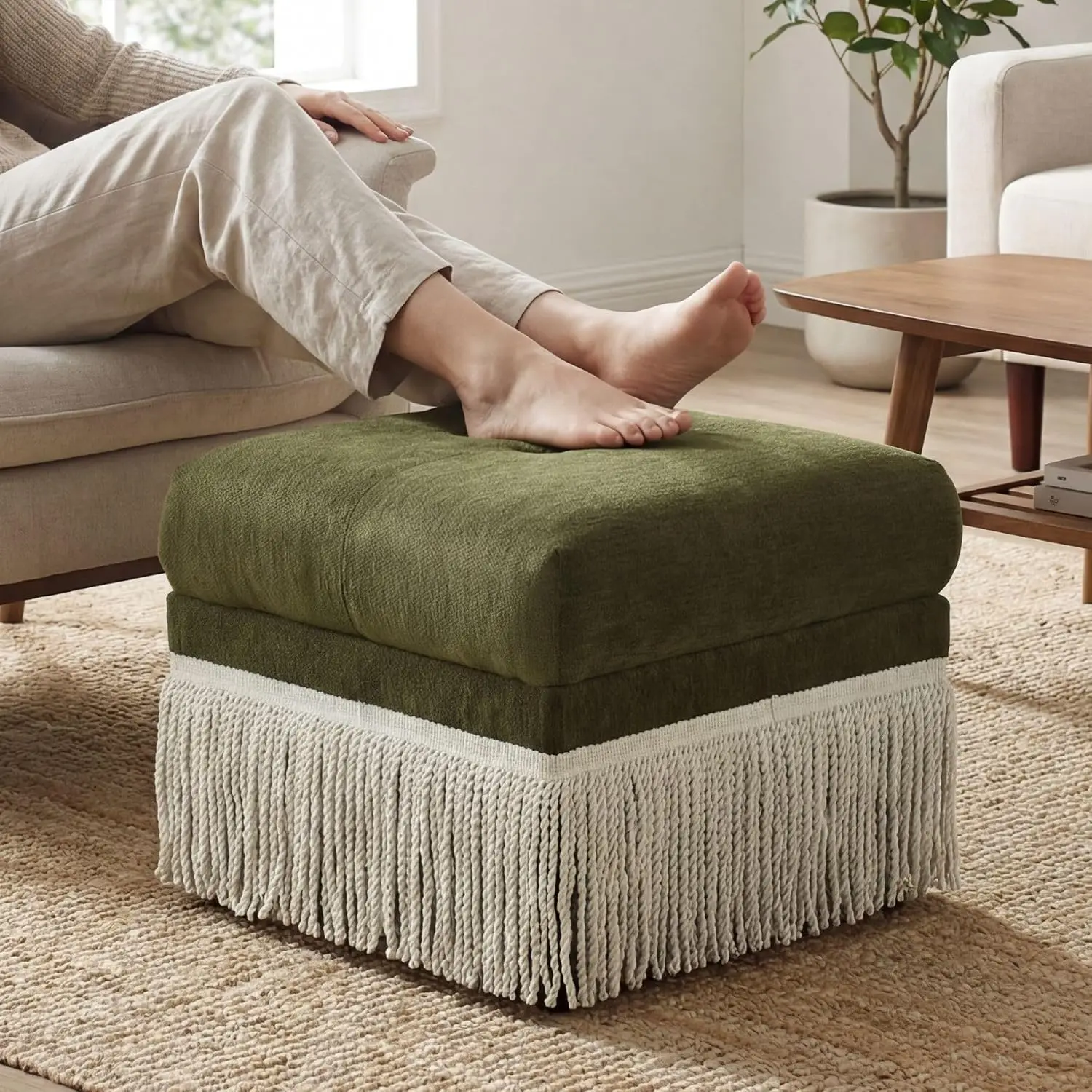 Green Upholstered Ottoman With Fringe Skirt 21.5