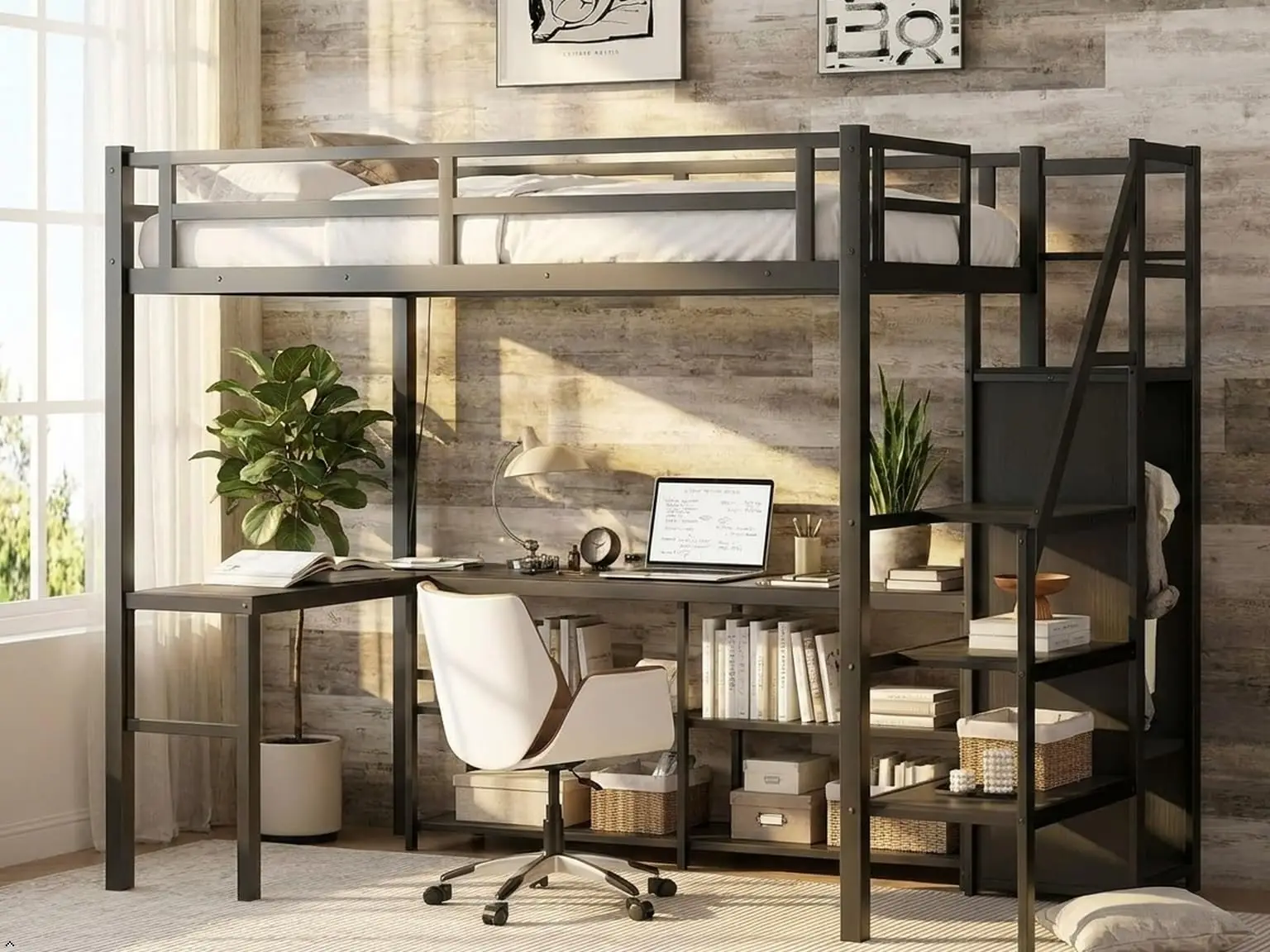 Twin XL Loft Bed with L-Shaped Desk and Storage Stairs, Metal Loft Bed with Wardrobe and USB Charging Station, High