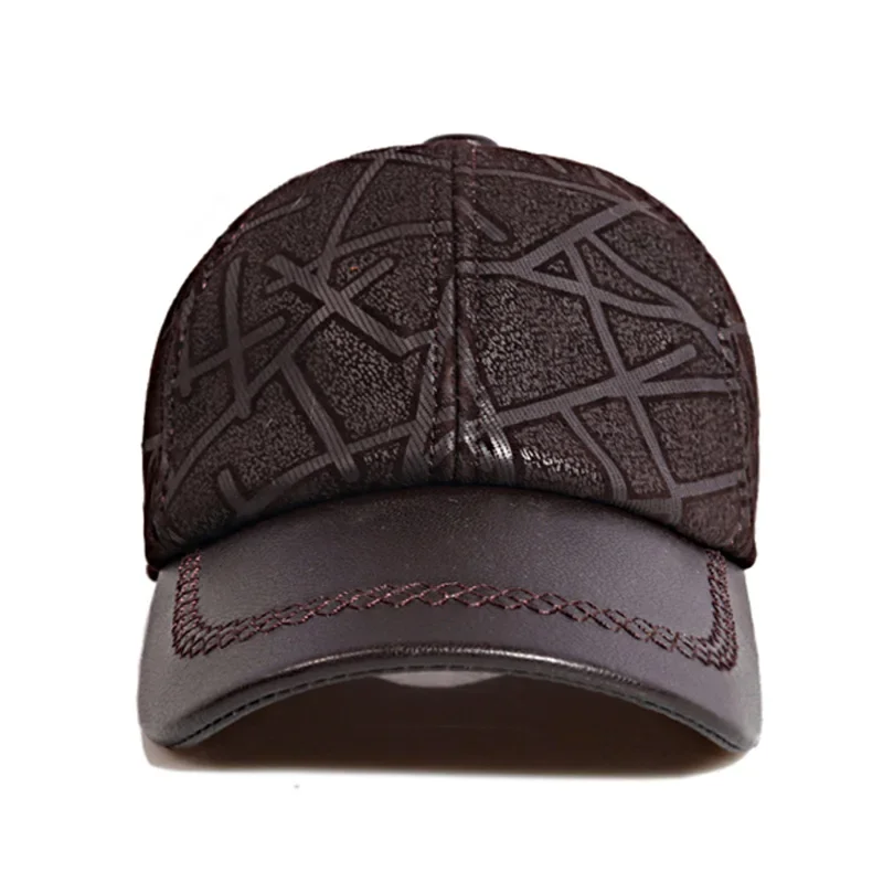 2023 Men Genuine Leather Baseball Caps Adjustable Sheepskin Men Youth Duck Tongue Dad Hats 55-60cm Geometric LIrregular printin