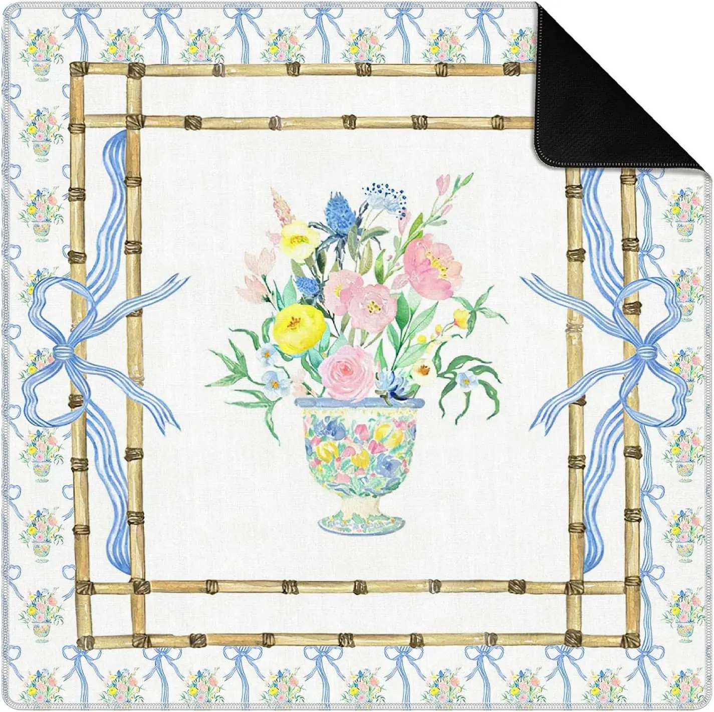 80cm Preppy Blue Bow Flower Jar Mahjong Table Cover Noise‑Reducing Mahjong Mat for Table Poker Dominoes with White Canvas Bag