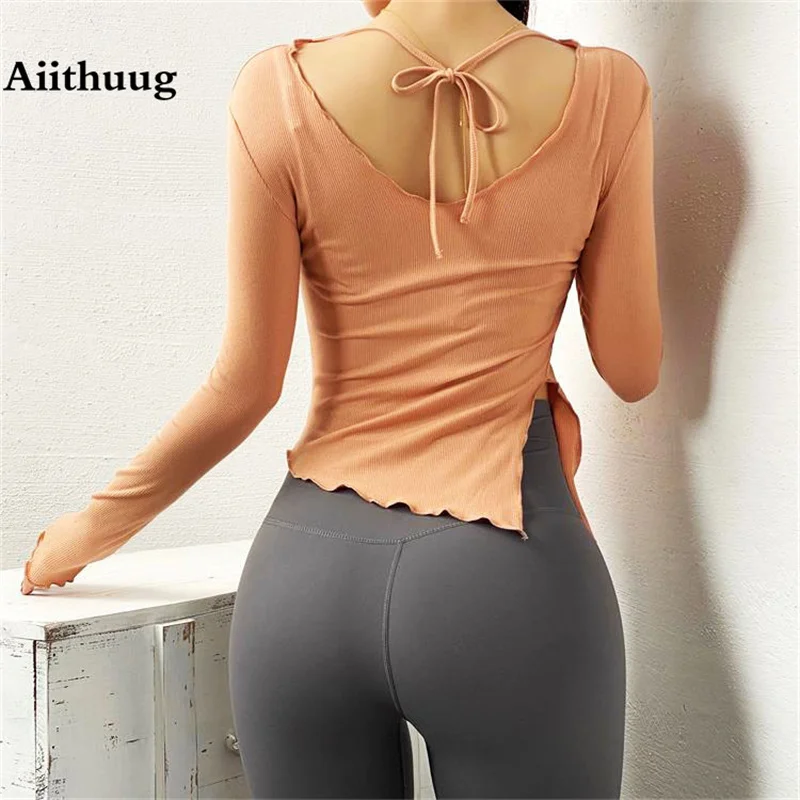 Aiithuug Side Split Sexy Waist Yoga Shirts Smooth Down Yoga Tops Long Sleeve Gym Top Slim Fit Long Crop Top Workout Daily Wear