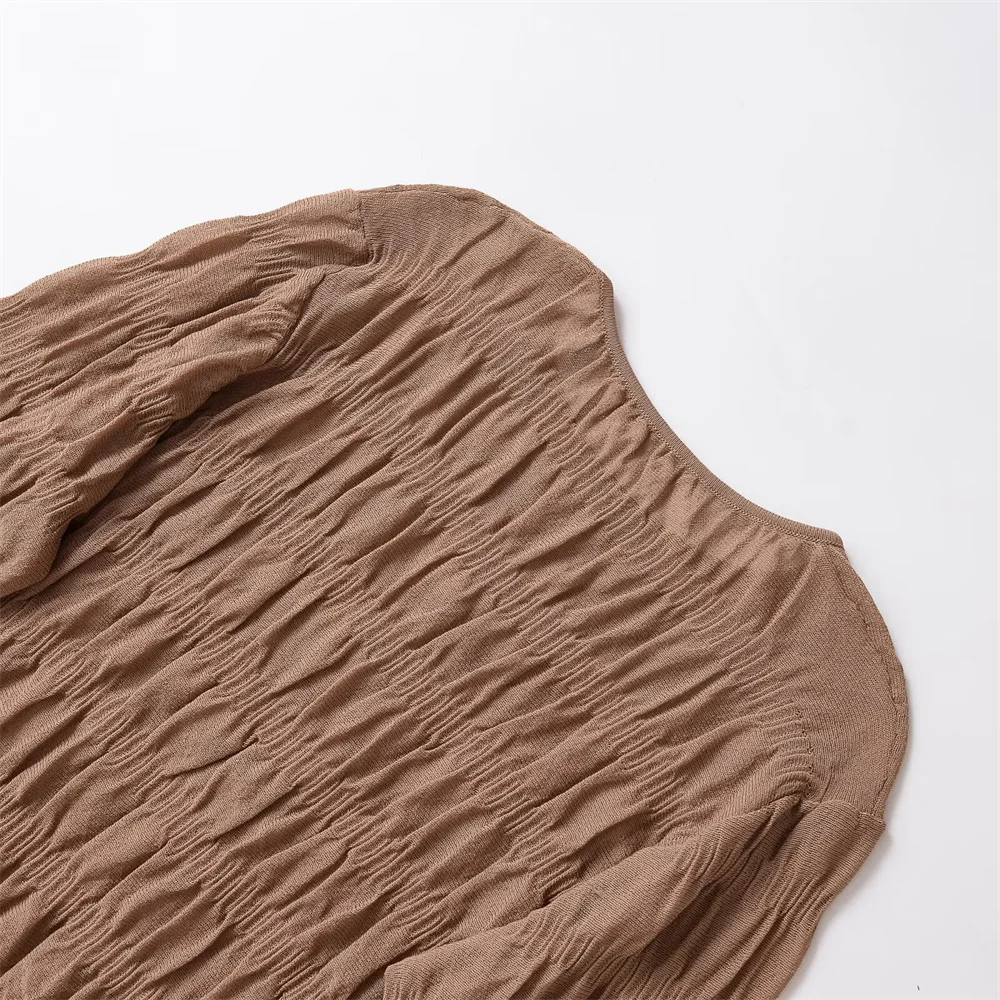 top da donna in maglia a maniche lunghe con scollo tondo pieghettato, vestibilità slim, vestibilità slim, nuovo stile temperamento