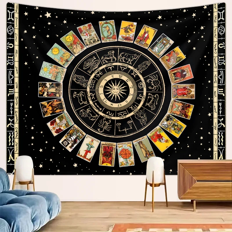 VIKAMA Mysterious Tarot Zodiac Circle Wall Hanging Sun Pattern Star Print Astrology Tapestry Bohemian Home Wall Decor