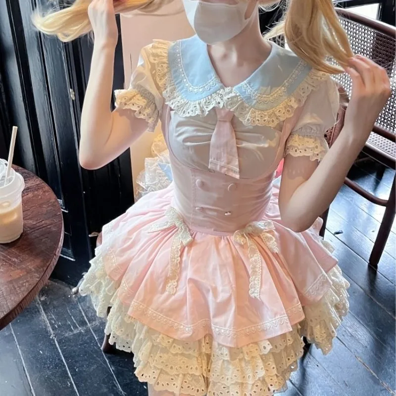 Japanese Fresh Sweet Lolita Summer 2024 Patchwork Button Bow Lace Slim Fashion Elegant Comfortable Sleeveless Camisole Dresses