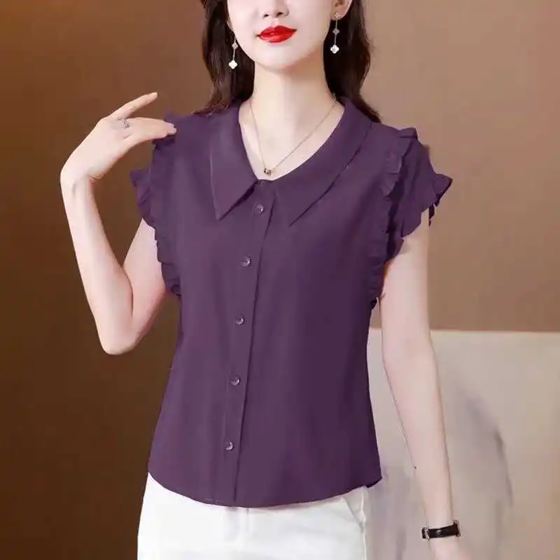 

Fashionable Pure Color Loose Fit Short Sleeve Doll Collar Women's Chiffon Shirt Summer New Style Slimming Top Versatile Shirt