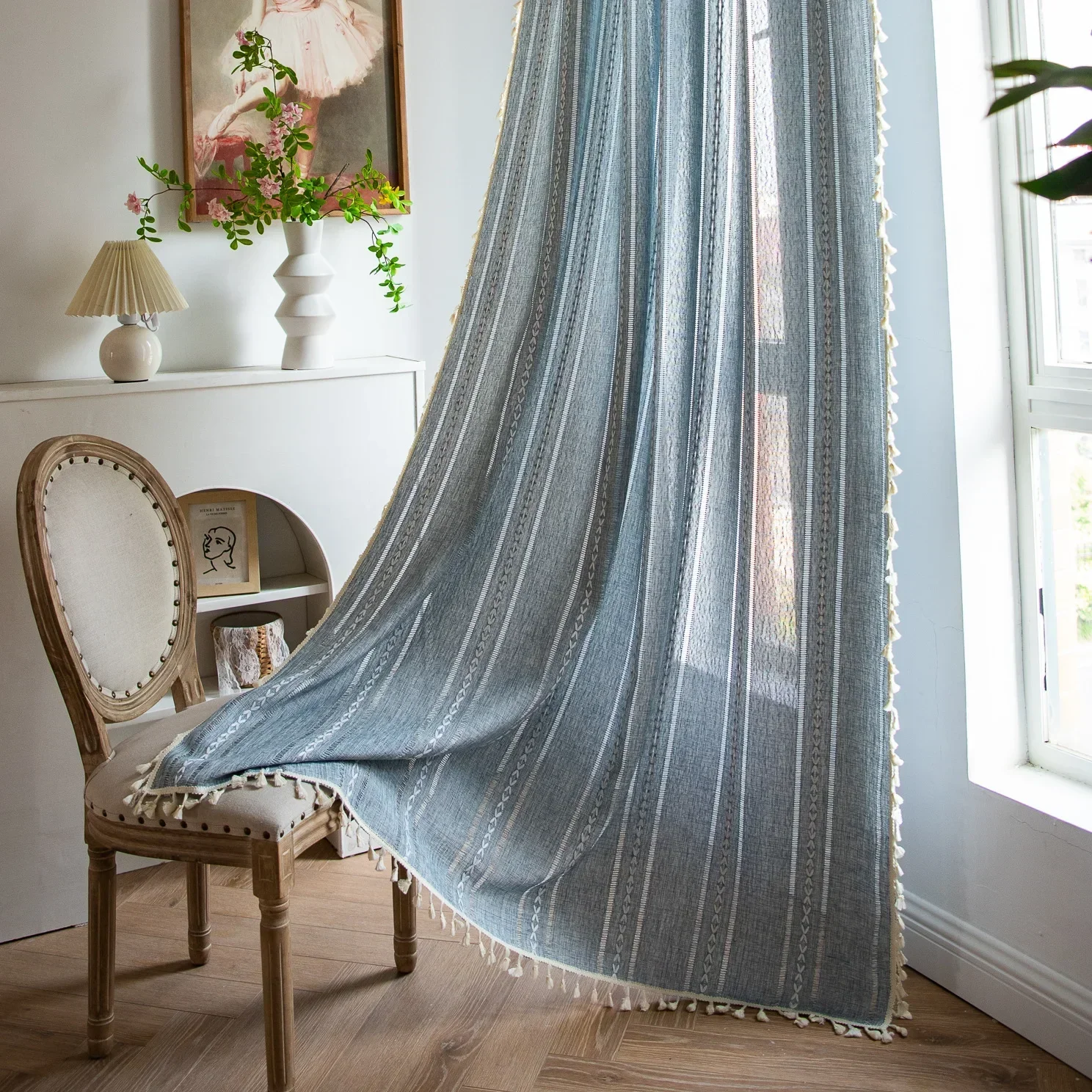 Boho Curtains for Bedroom Living Room,Semi-Blackout French Country Linen Embroidery Vintage Chic Tassels Hollow Bohemian Curtain