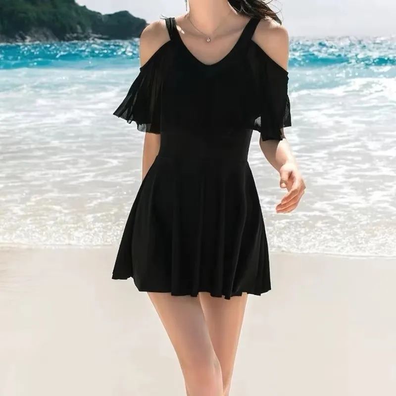 

1 Piece Swimdress Cold Shoulder Ruffle Tummy Control Skirted Swimsuit For Beach Pool Vacation Black Plus Size
