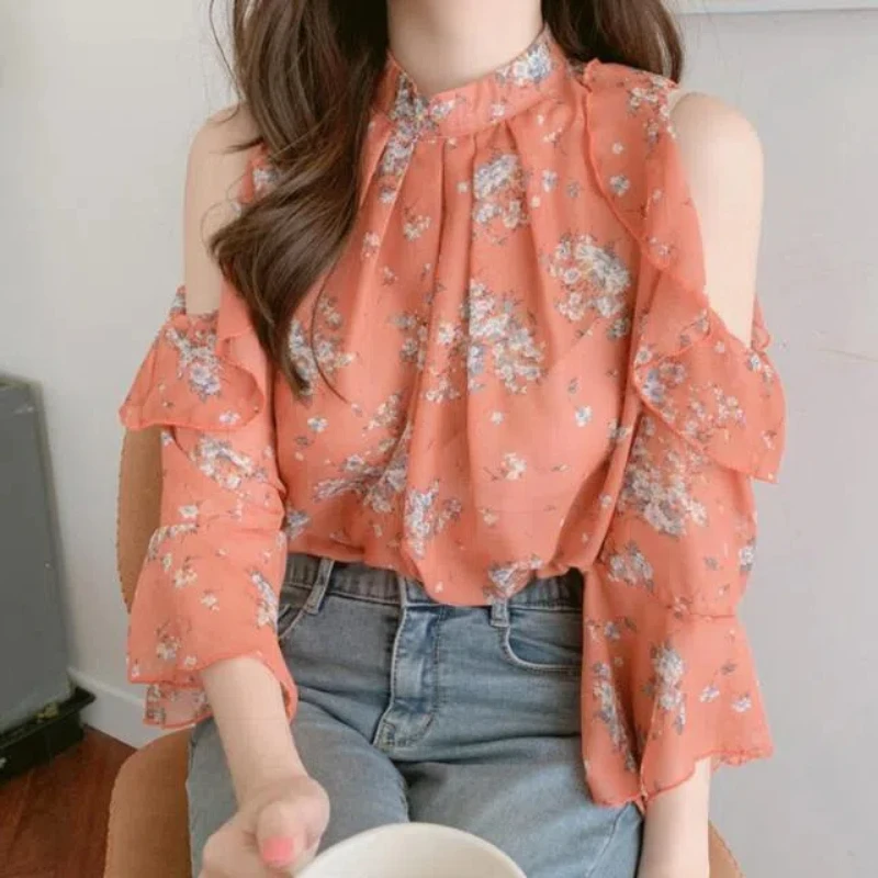 Off Shoulder Printed Top for Women Han Fan Chaoxian Shirt Sexy Floral Chiffon Shirt