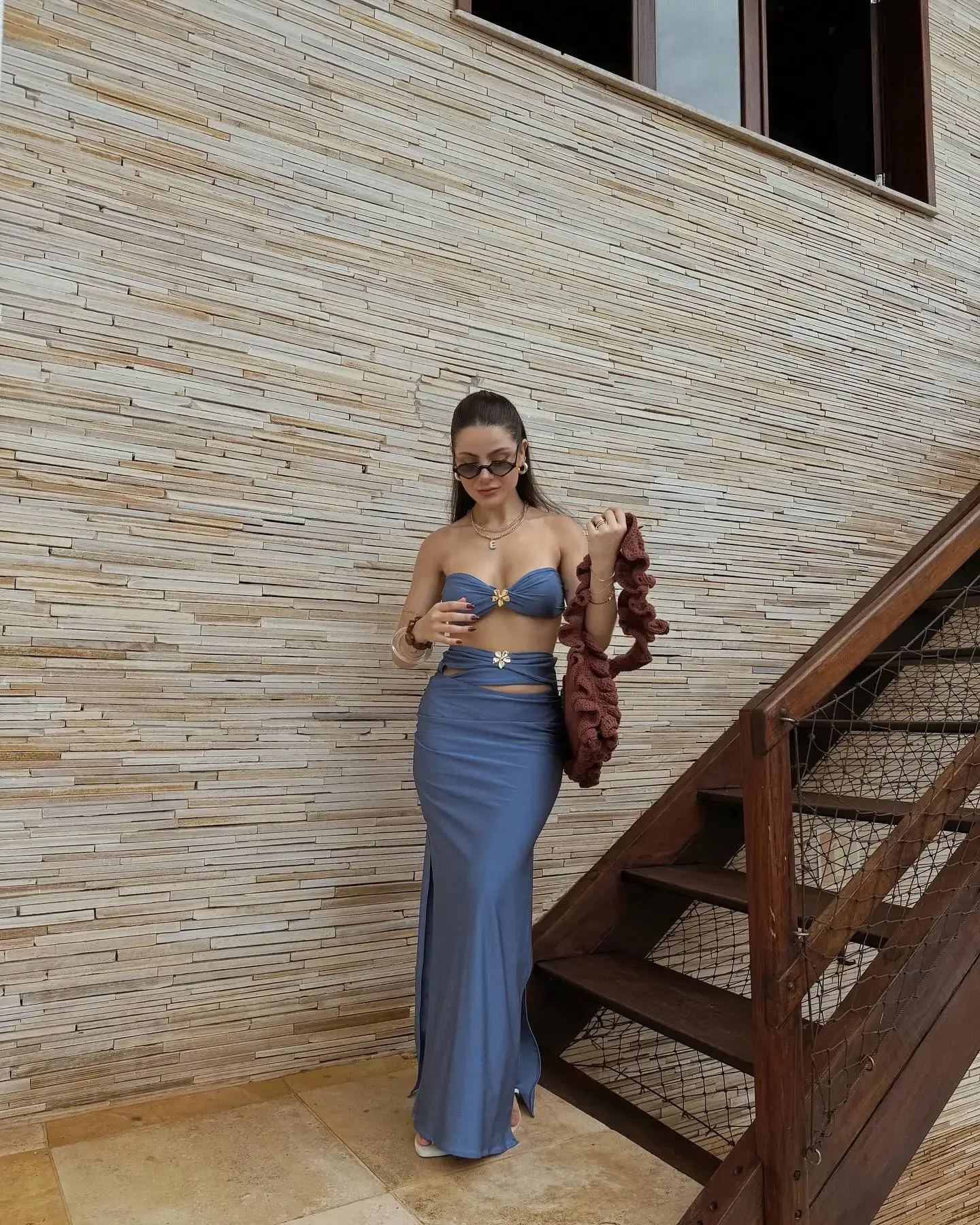 2025 Nuovo costume da bagno da donna Set bikini blu sexy con gonna a vita alta Perfetto per le feste estive in piscina durante le vacanze successive