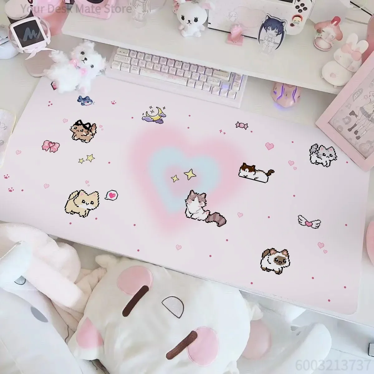 Kawaii Cartoon Pixel Kätzchen Mauspad Groß X PU-Leder Tischunterlage Büro Gamer Computer Geschwindigkeits-Tastaturunterlage