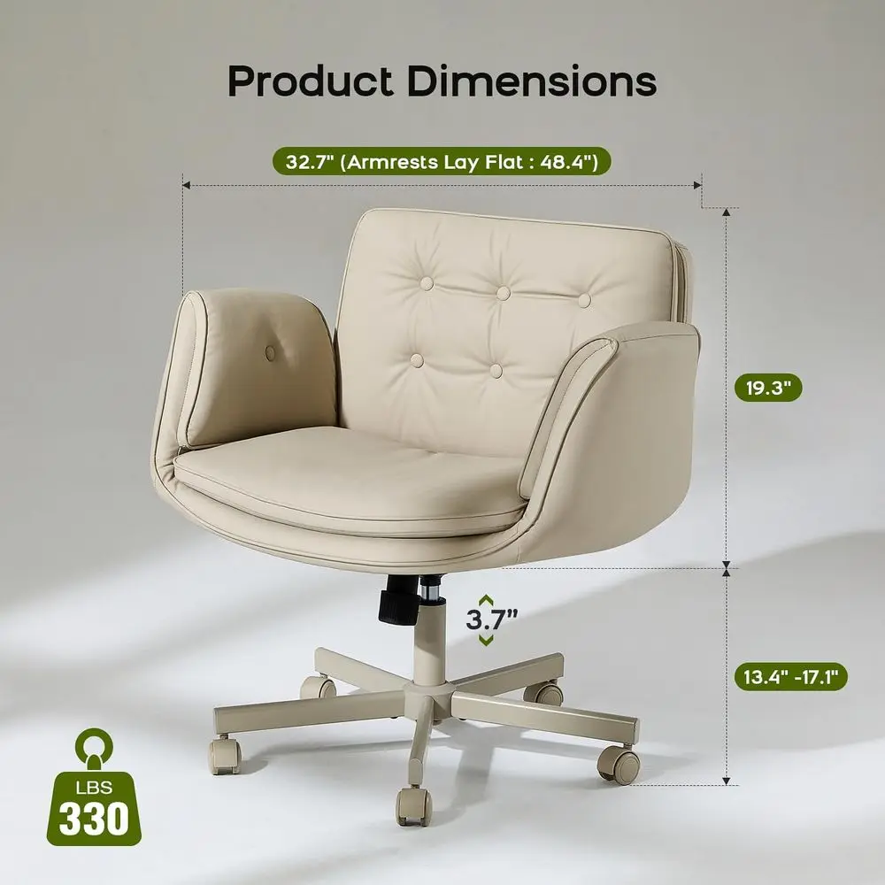 Cream PU Leather Swivel Chair with 5-Level Adjustable Armrests for Home Office, Bedroom, and Makeup Use