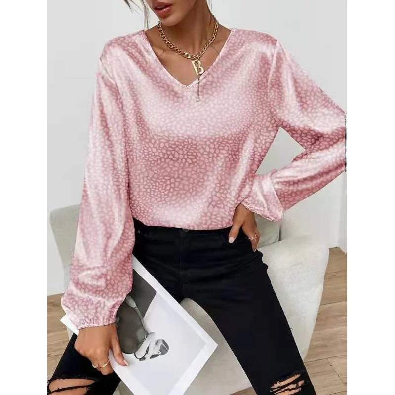 Long Sve imprimé léopard v-ne pull haut été Faion femmes coupe ample irt décontracté Sle couleur Pure Polyester matériel