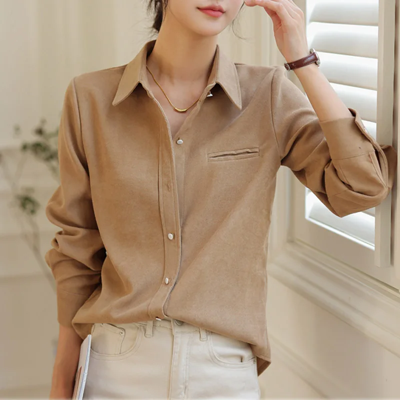 

Autumn Winter Vintage Corduroy Loose Women's Blouses 2025 New Single Breasted Long Sleeve Korean Office Lady Casual Shirt Female