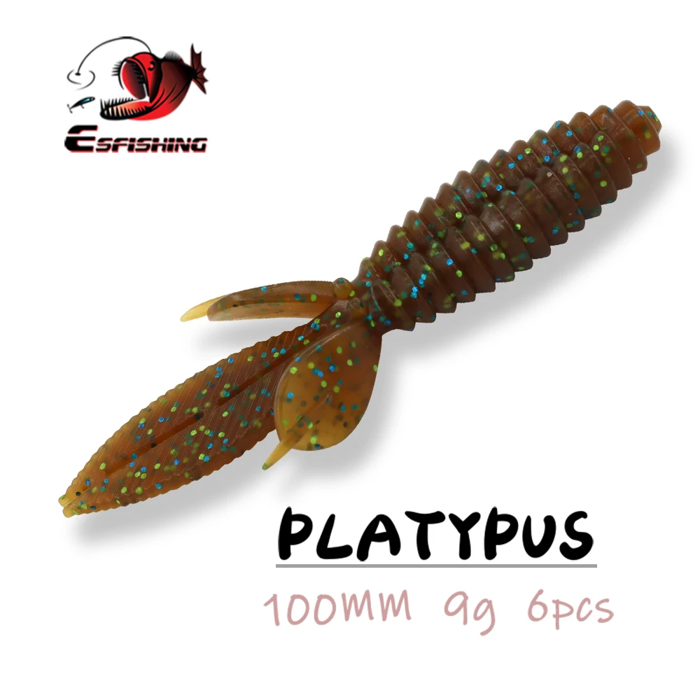 

ESFISHING Bass Fishing PLATYPUS 10cm 9g 6pcs Craw Lure Artificial Soft Plastics Pesca Trout Pike Bait Shrimp Smell Salts