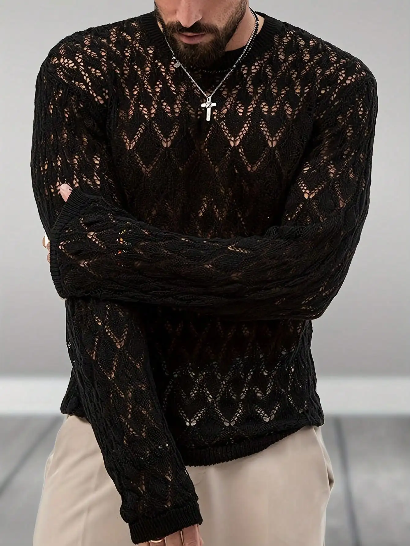 

Men's Black Hollow Knit Long Sleeve Sweater - Lace Chevron Pattern Crew Neck Casual Top