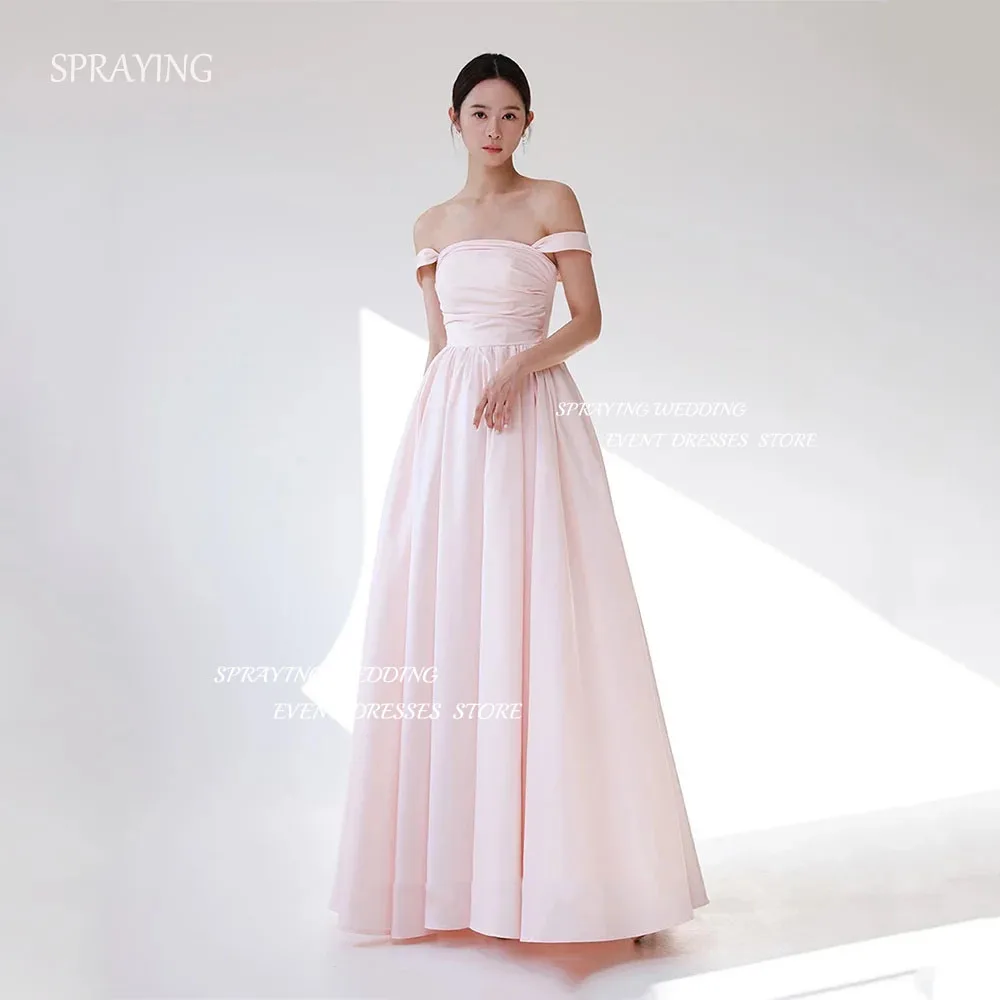 

SPRAYING Korea Pink Off Shoulder Wedding Party Dresses Short Sleeve Floor Length Bridal Gown Taffeta Formal Occasion Dresses