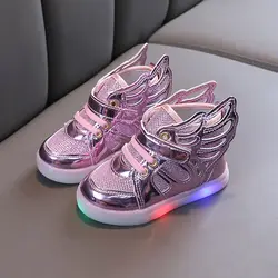 Children Shoes With Wing LED Luminous Sneakers Baby Girls Toddler Shoe Fashion Light Up Flat Skateboard Shoes Kids Casual Shoes