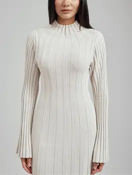 女士羅紋針織高領長袖中長連身裙,休閒秋冬時尚純色修身連身裙 6 最佳銷售 羅紋針織連身裙 - №6