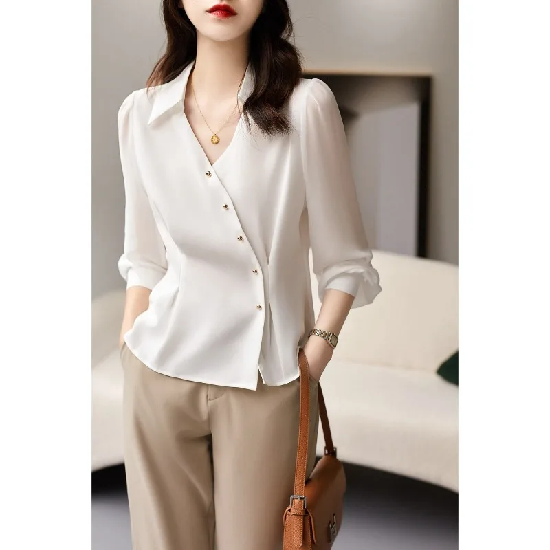 2023 Spring and Autumn Women\'s Solid Half Open Collar Long Sleeve Single Treated Shirt Office Lady Korean Fashion Casual Tops