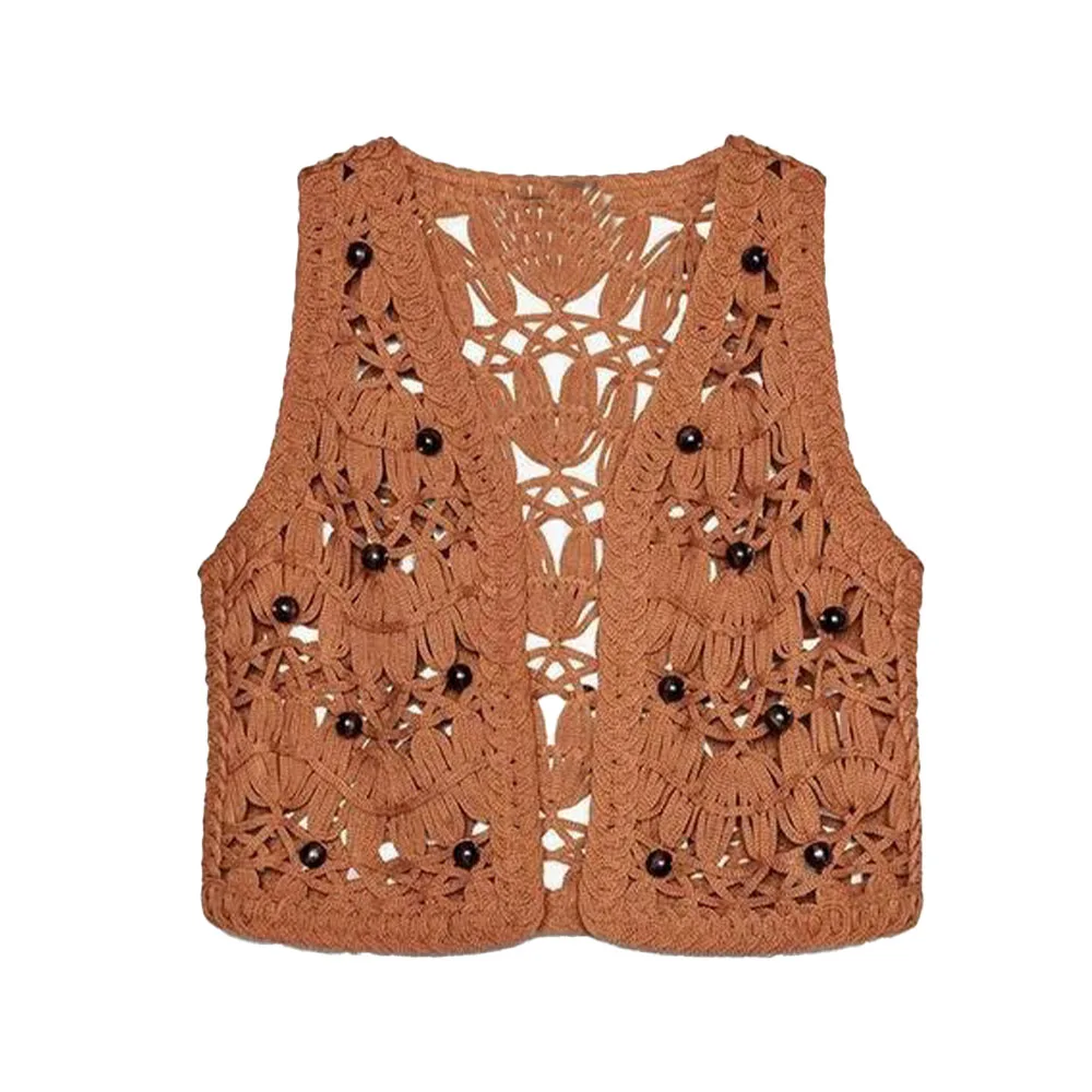 

2025 WOMAN summer fashion new beaded knitted casual vest chic V-neck Joker hollow vest Mujer