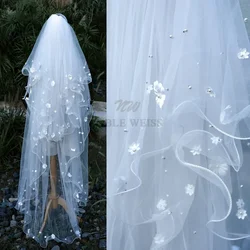 2T 3D Flowers Wedding Veil With Comb Cover Face Pearls Long Bridal Veils Customized