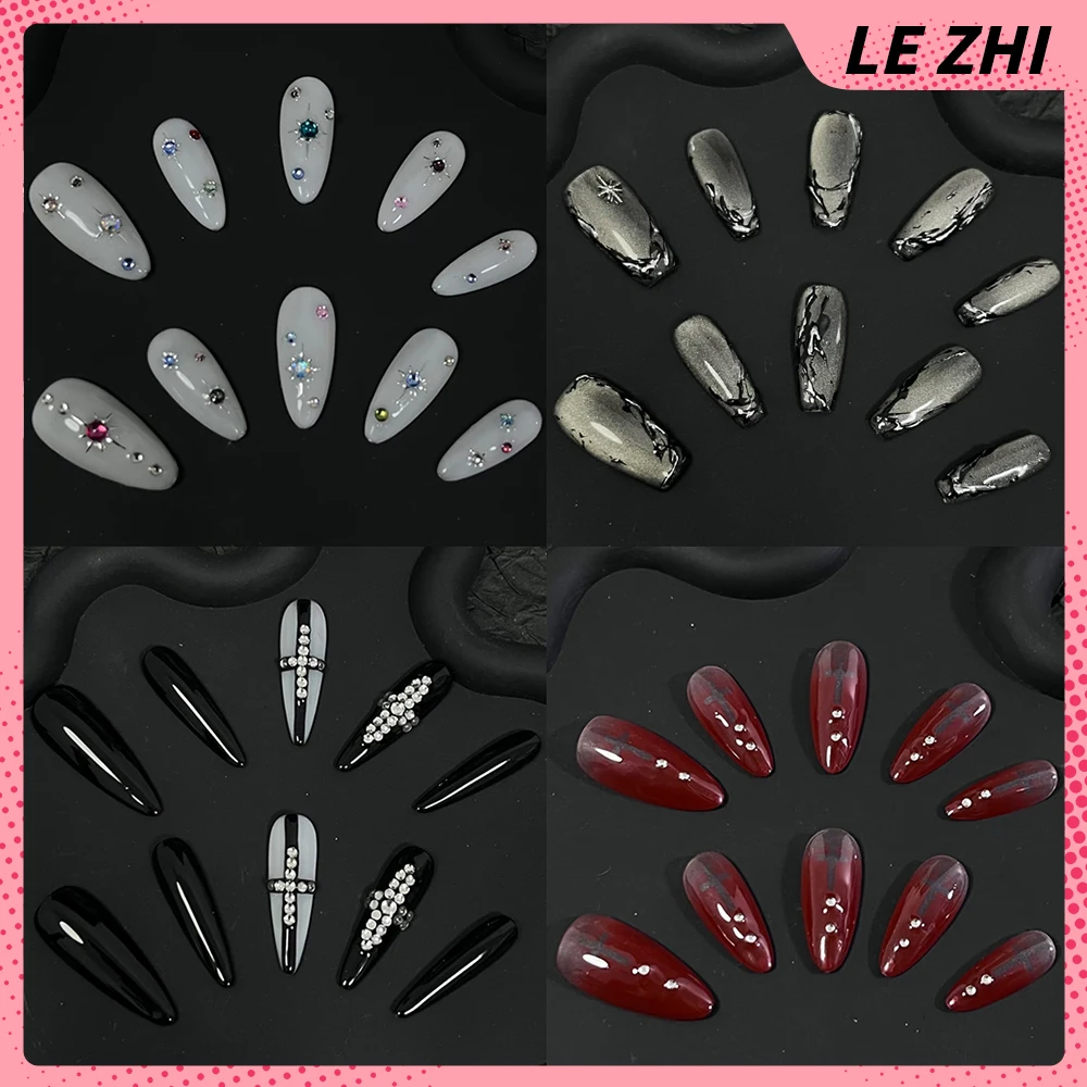 

Spice Girls Gothic Handmade Square Almond Detachable Full Cover Nail Diamond Five-Pointed Star Cat Eyes Gradients Press On Nails