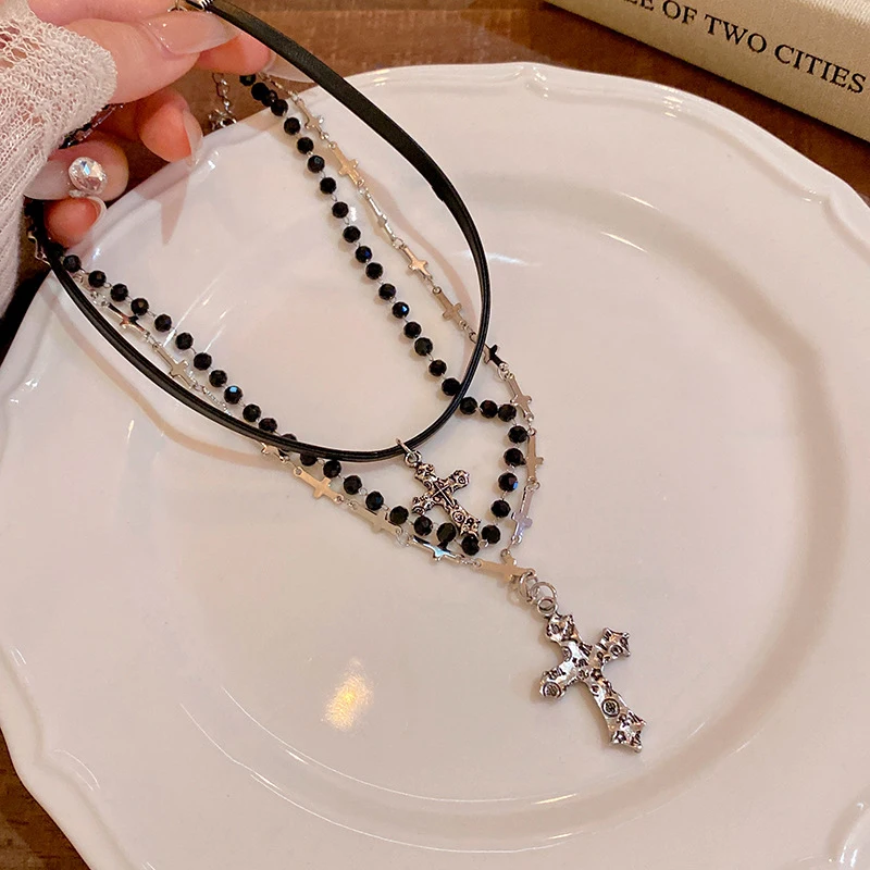 القوطية الشرير نمط Y2k حبة الصليب قلادة قلادة ، 3 قطعة/مجموعة ، المرأة متعددة الطبقات الرجعية العصرية الإكسسوارات والمجوهرات #3