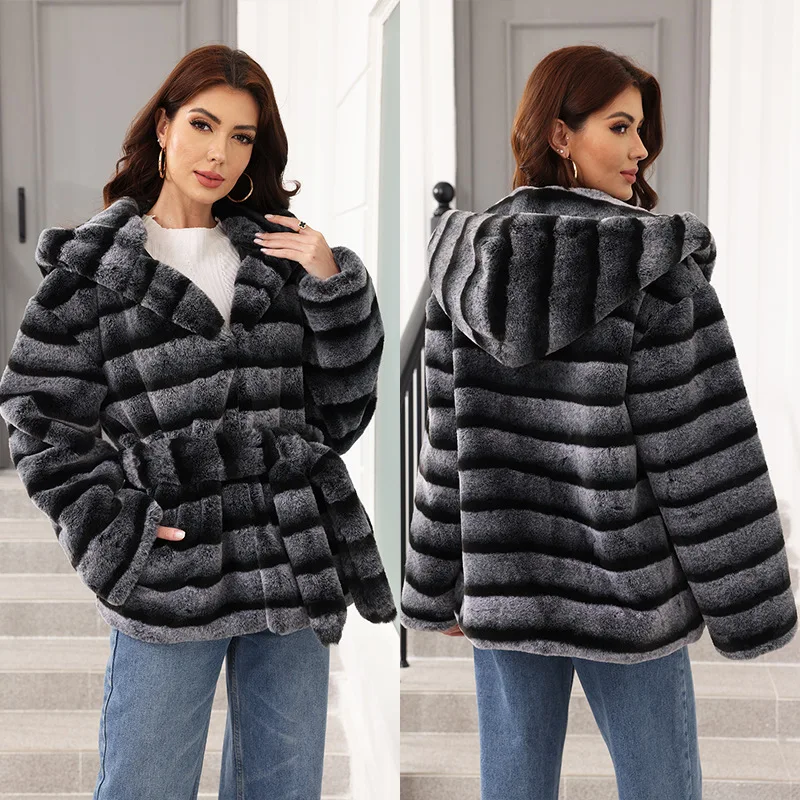 Faux Fur Women Coats Hooded Full Sleeve Lace Up Tight Waist Coat Thick Warm Y2k Streetwear Elegant Splice Autumn Winter 2025