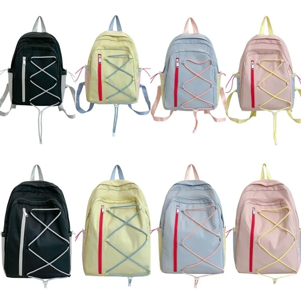 Multi-pockets Drawstring Backpack Large Capacity Solid Color Student School Bag Cloth Dopamine Travel Rucksack Teenage Youth