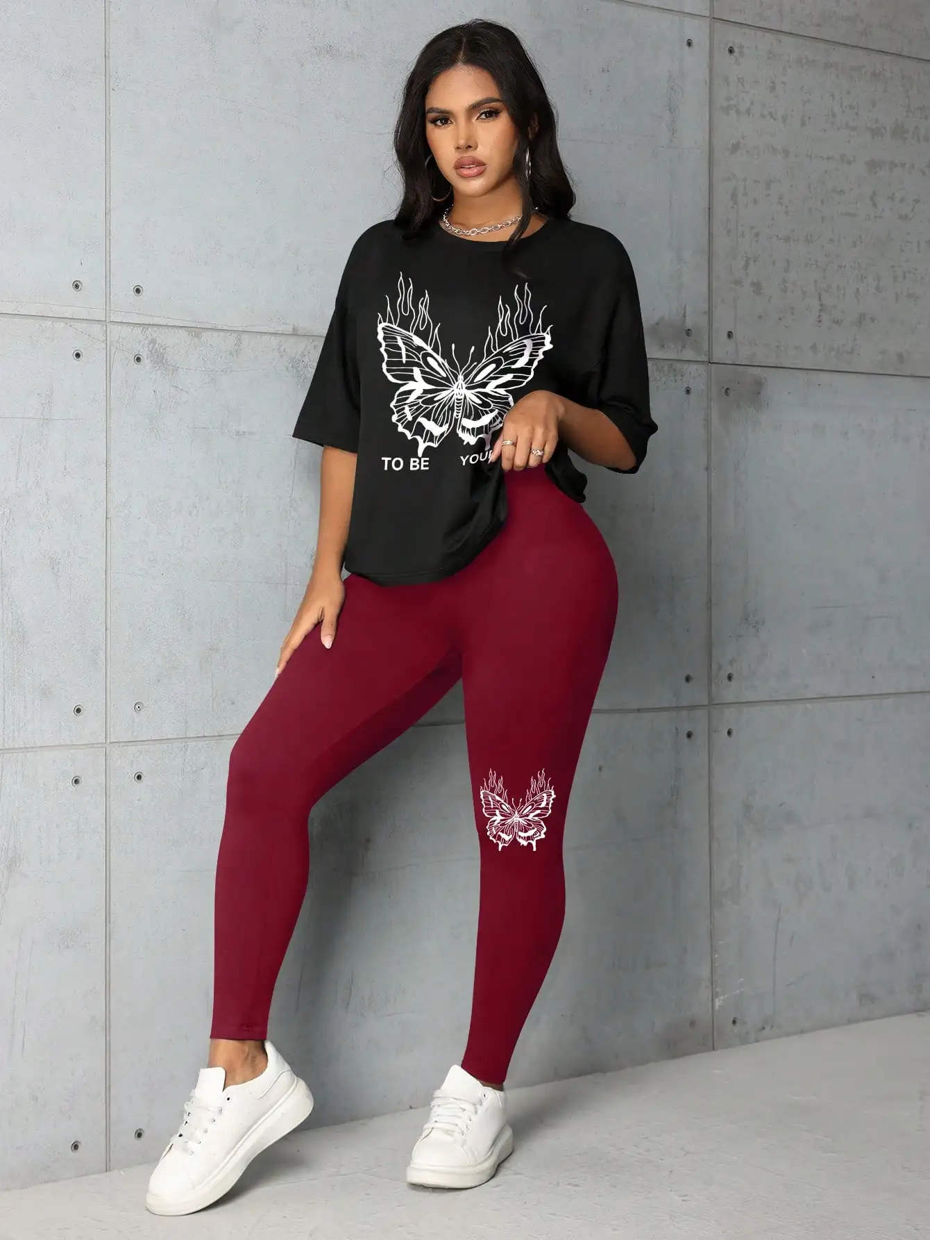 ليغنغز نسائي فضفاض بأكمام قصيرة ، بدلة كاجوال جيدة التهوية ، طباعة فراشة اللهب ، خفيف الوزن ، موضة متعددة الاستخدامات ، الصيف