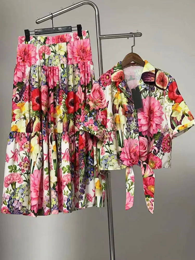 Retro Summer Women's New Two-Piece Lapel Single-Breasted Hem with Strapless Short Shirt + Elastic Waist A-Shaped Fashion Suit image 3