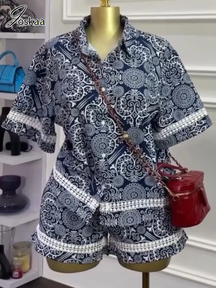 

Joskaa 2025 Summer Women's Aesthetic Print 2 Piece Set Sexy Lapel Short Sleeve Blouses and Shorts Matching Vacation Outfits