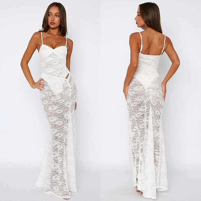 Elegant Sleeveless Lace Bodycon Dress Summer Sexy Hollow Out Slim Fit Dresses for Women Matching Set