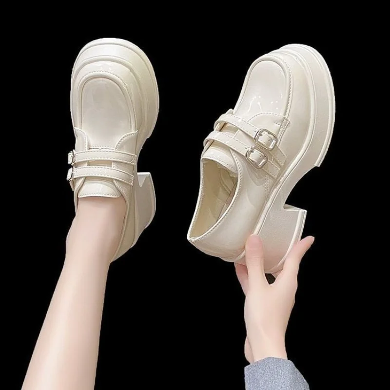 Women Buckle Square Toe Platform Loafers, Block Heel Commuter Slip-On Uniform Shoes with Platform, Preppy Style All-Match Shoes