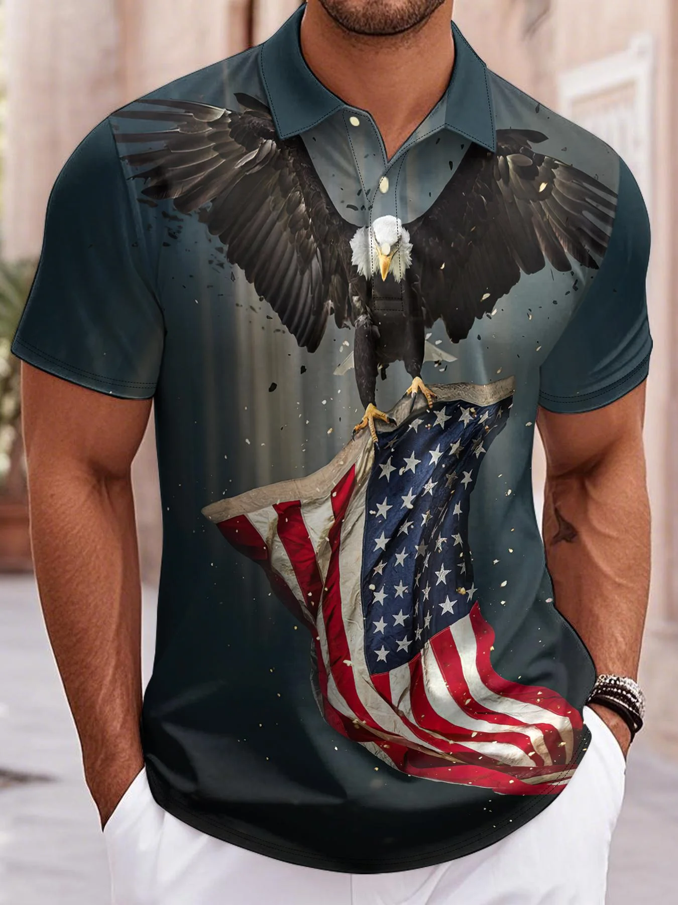 Men's USA Patriotic Polo Shirt 3D Print Bald Eagle Holding USA Flag Splatter Paint Short Sleeve Casual Top 2026