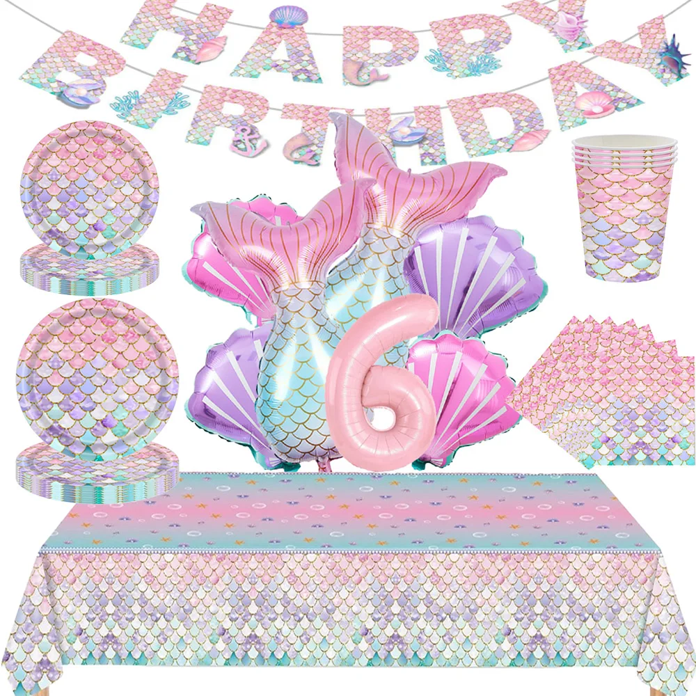 Meerjungfrau Geburtstag Party Dekor Einweggeschirr Tischdecke Alles Gute zum Geburtstag Banner Kind 6. Geburtstag Digital Ballon Set Dekore – Detail 1